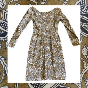 Vintage 60s Mini Long Sleeve Floral Print Dress Olive Green XS